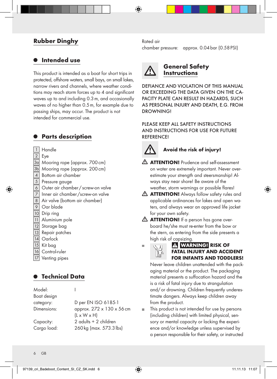 Rubber dinghy intended use, Parts description, Technical data | General safety instructions | Crivit Z31423 User Manual | Page 6 / 45