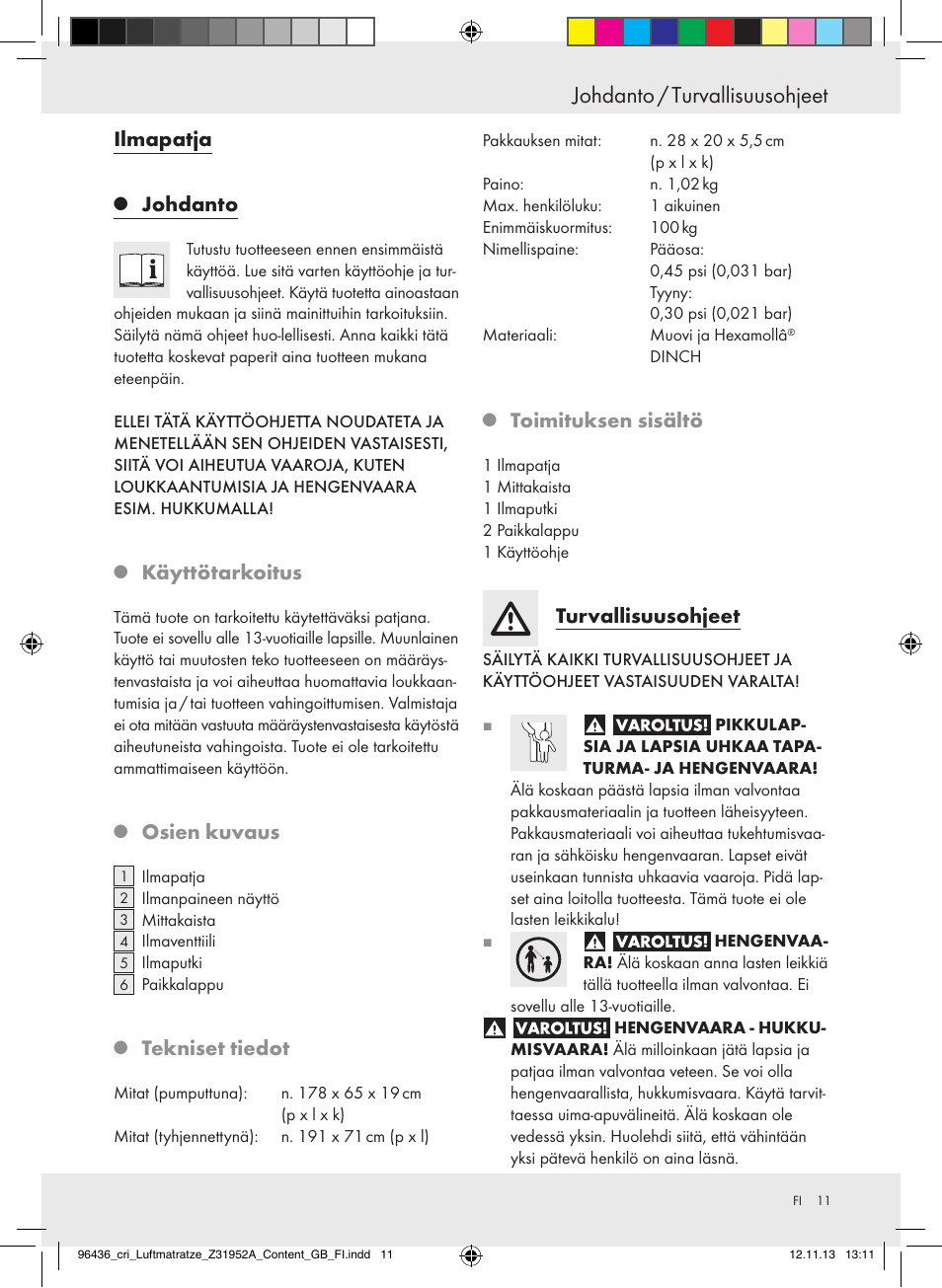 Johdanto / turvallisuusohjeet, Ilmapatja, Johdanto | Käyttötarkoitus, Osien kuvaus, Tekniset tiedot, Toimituksen sisältö, Turvallisuusohjeet | Crivit Z31952A User Manual | Page 11 / 46