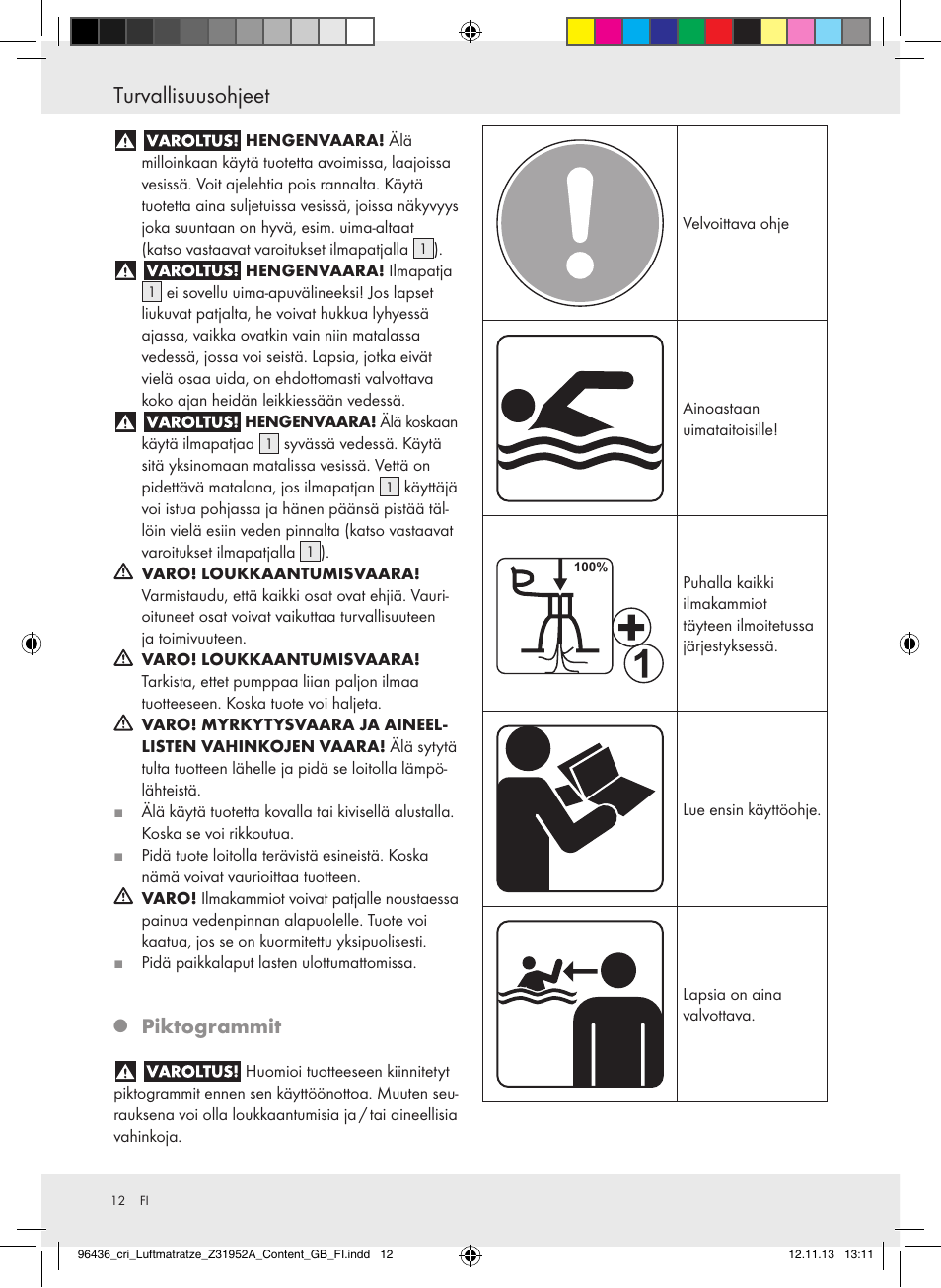 Turvallisuusohjeet, Piktogrammit | Crivit Z31952A User Manual | Page 12 / 46