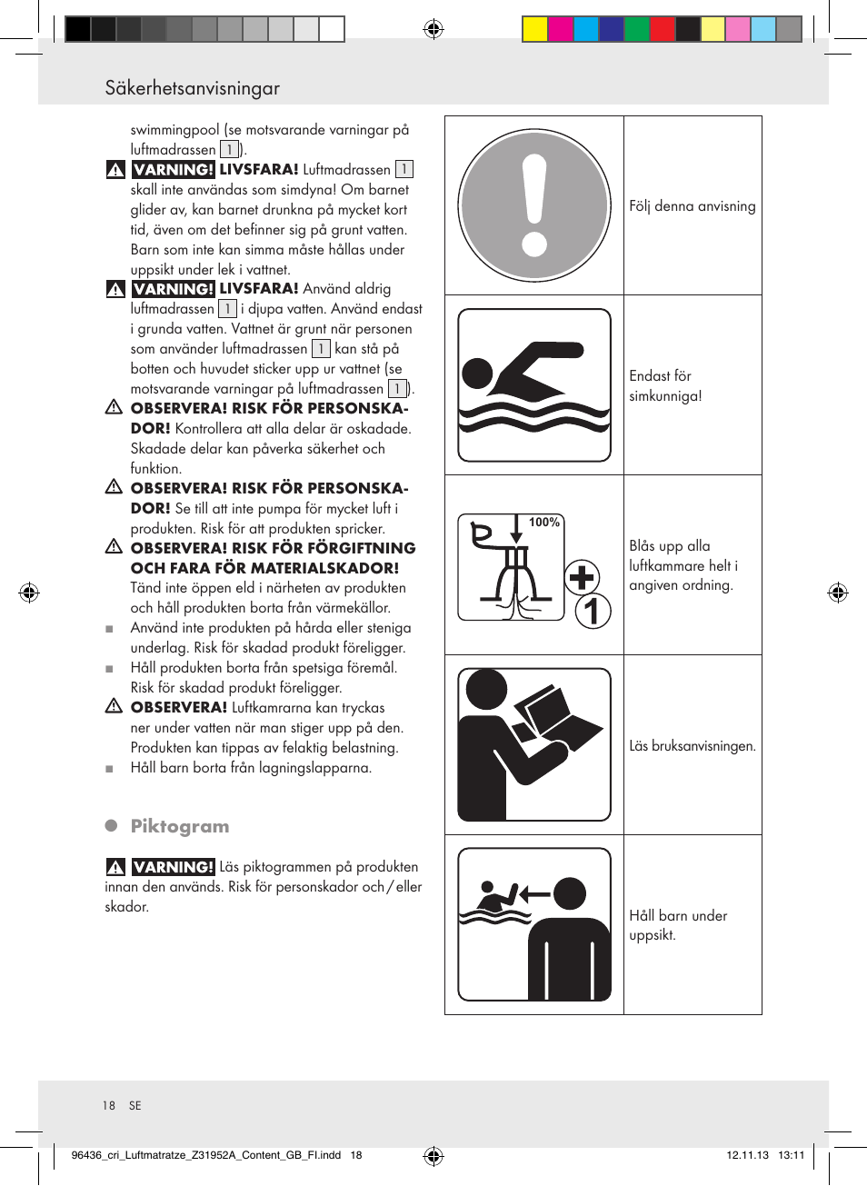 Säkerhetsanvisningar, Piktogram | Crivit Z31952A User Manual | Page 18 / 46