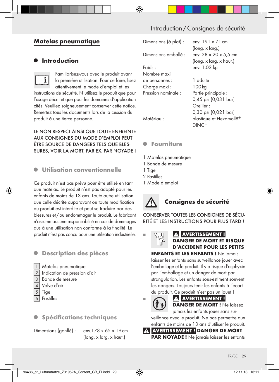 Introduction / consignes de sécurité, Matelas pneumatique, Introduction | Utilisation conventionnelle, Description des pièces, Spécifications techniques, Fourniture, Consignes de sécurité | Crivit Z31952A User Manual | Page 29 / 46