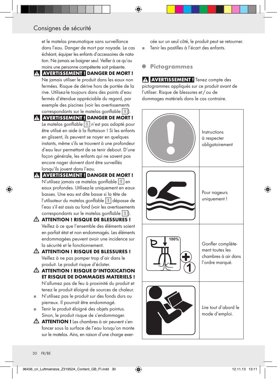 Consignes de sécurité, Pictogrammes | Crivit Z31952A User Manual | Page 30 / 46