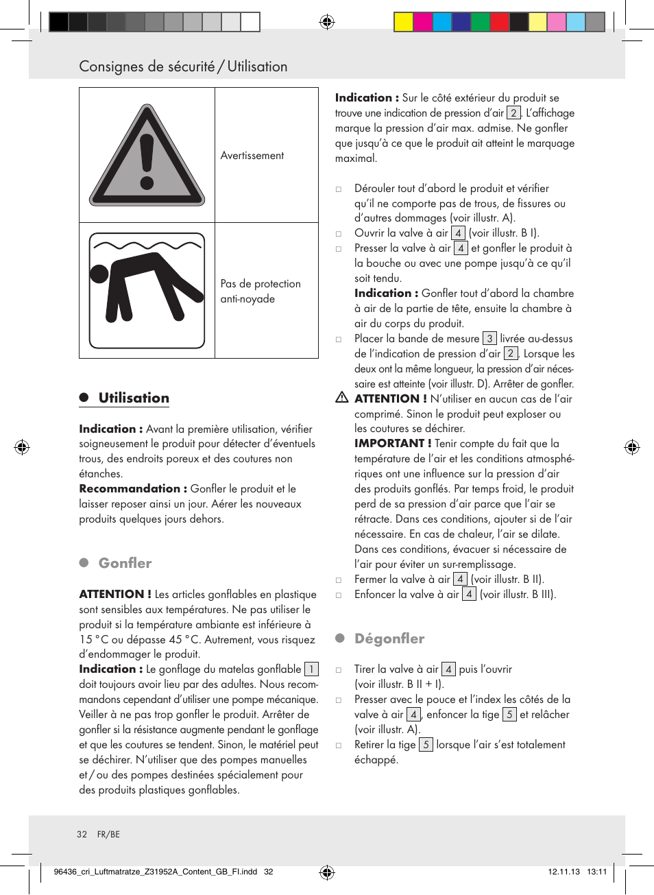 Consignes de sécurité / utilisation, Utilisation, Gonfler | Dégonfler | Crivit Z31952A User Manual | Page 32 / 46