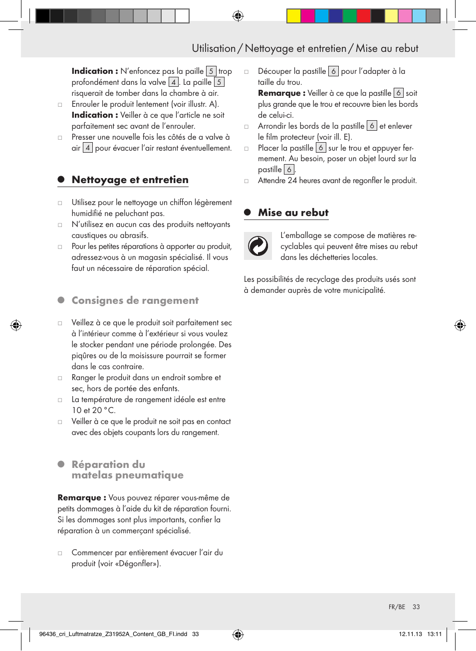 Nettoyage et entretien, Consignes de rangement, Réparation du matelas pneumatique | Mise au rebut | Crivit Z31952A User Manual | Page 33 / 46