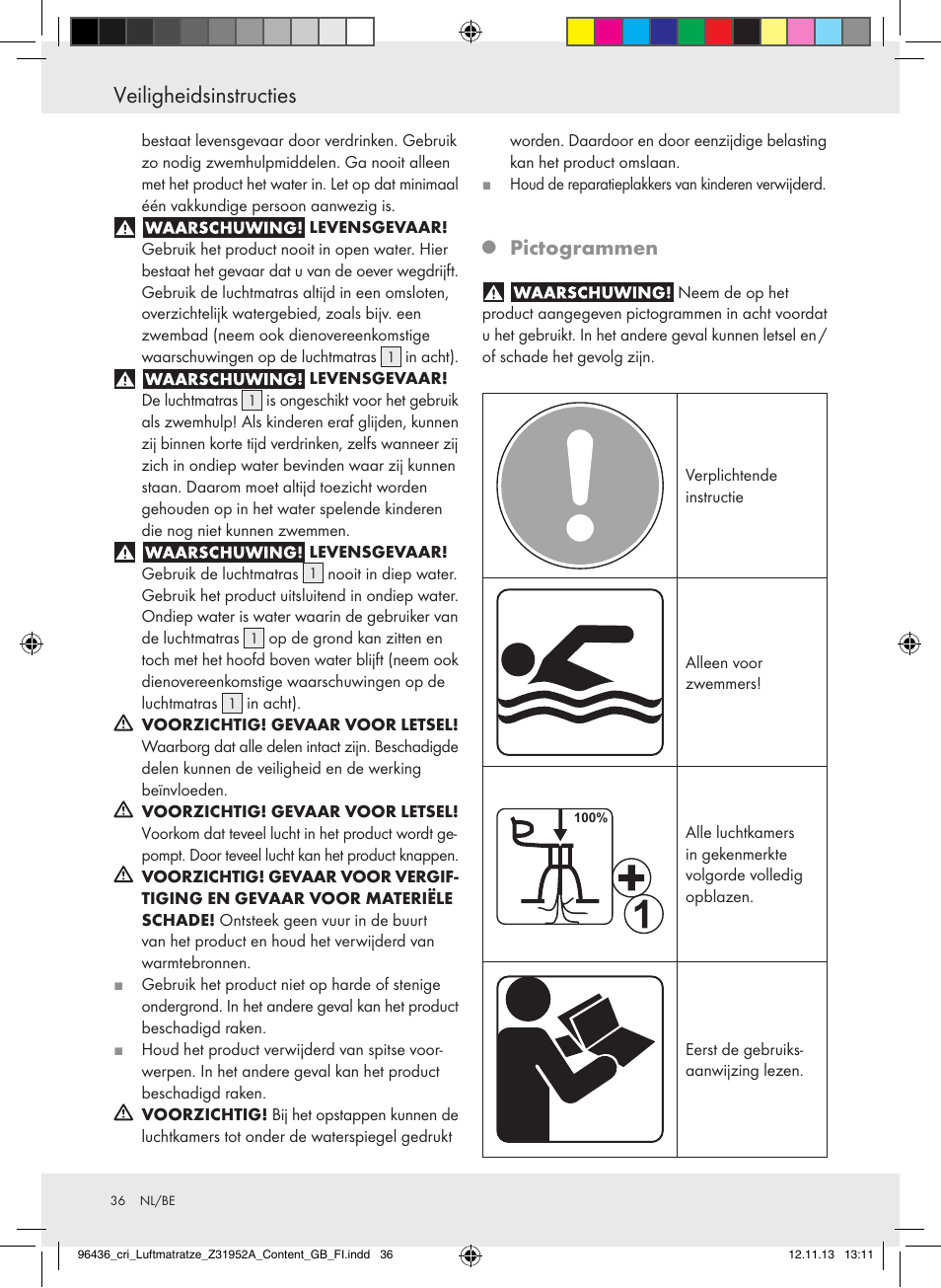 Veiligheidsinstructies, Pictogrammen | Crivit Z31952A User Manual | Page 36 / 46