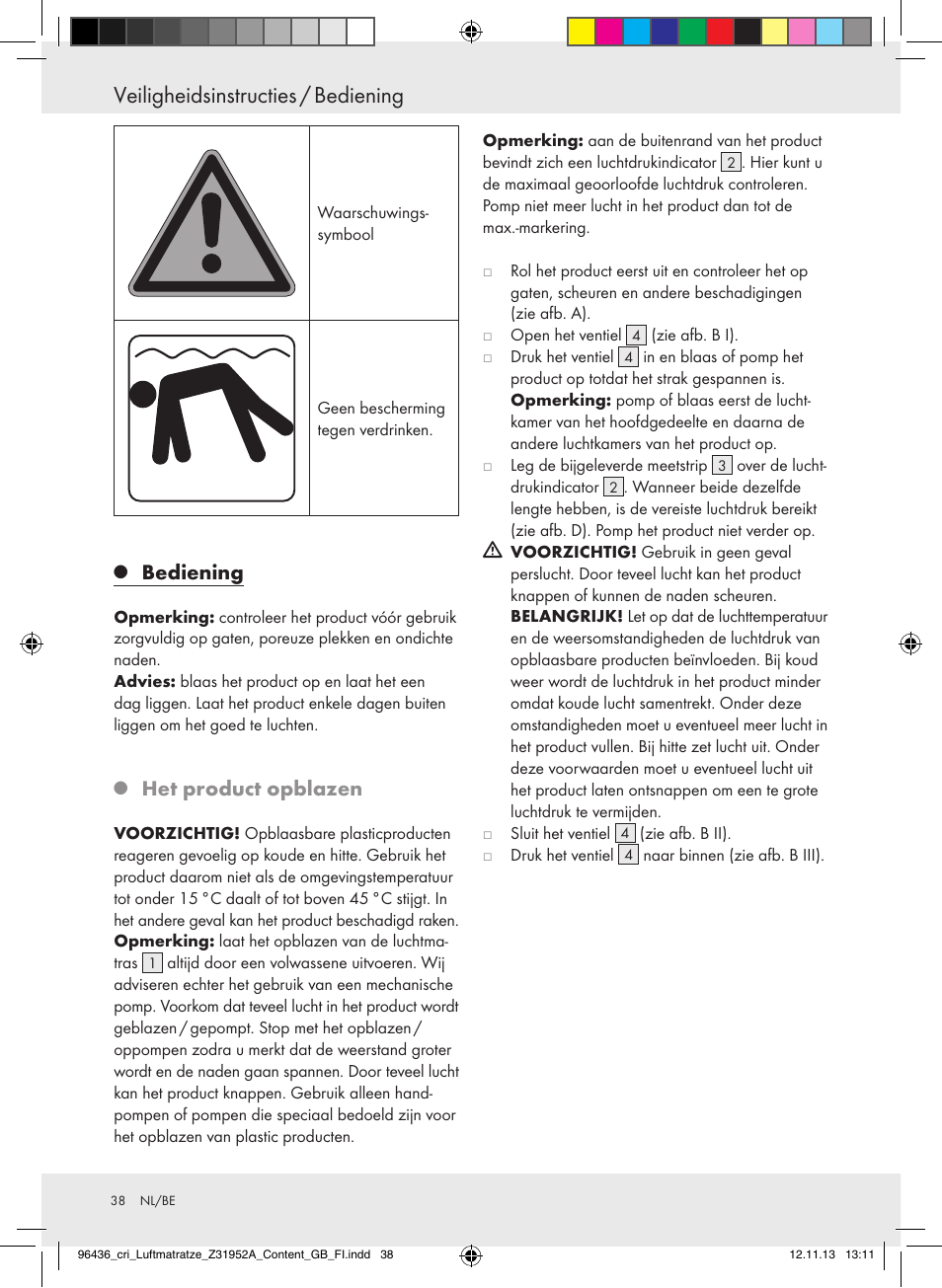 Veiligheidsinstructies / bediening, Bediening, Het product opblazen | Crivit Z31952A User Manual | Page 38 / 46