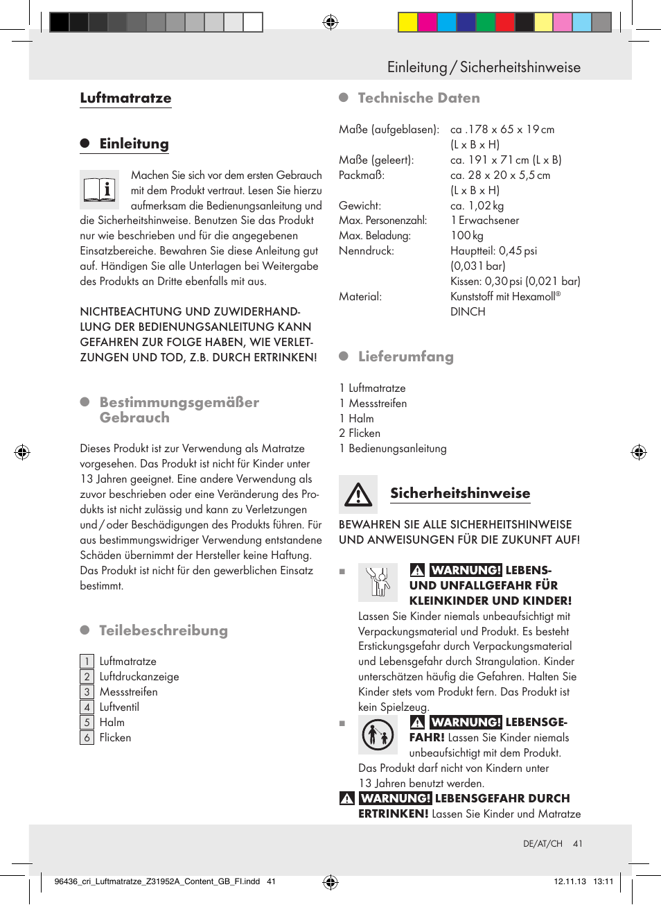 Einleitung / sicherheitshinweise, Luftmatratze, Einleitung | Bestimmungsgemäßer gebrauch, Teilebeschreibung, Technische daten, Lieferumfang, Sicherheitshinweise | Crivit Z31952A User Manual | Page 41 / 46