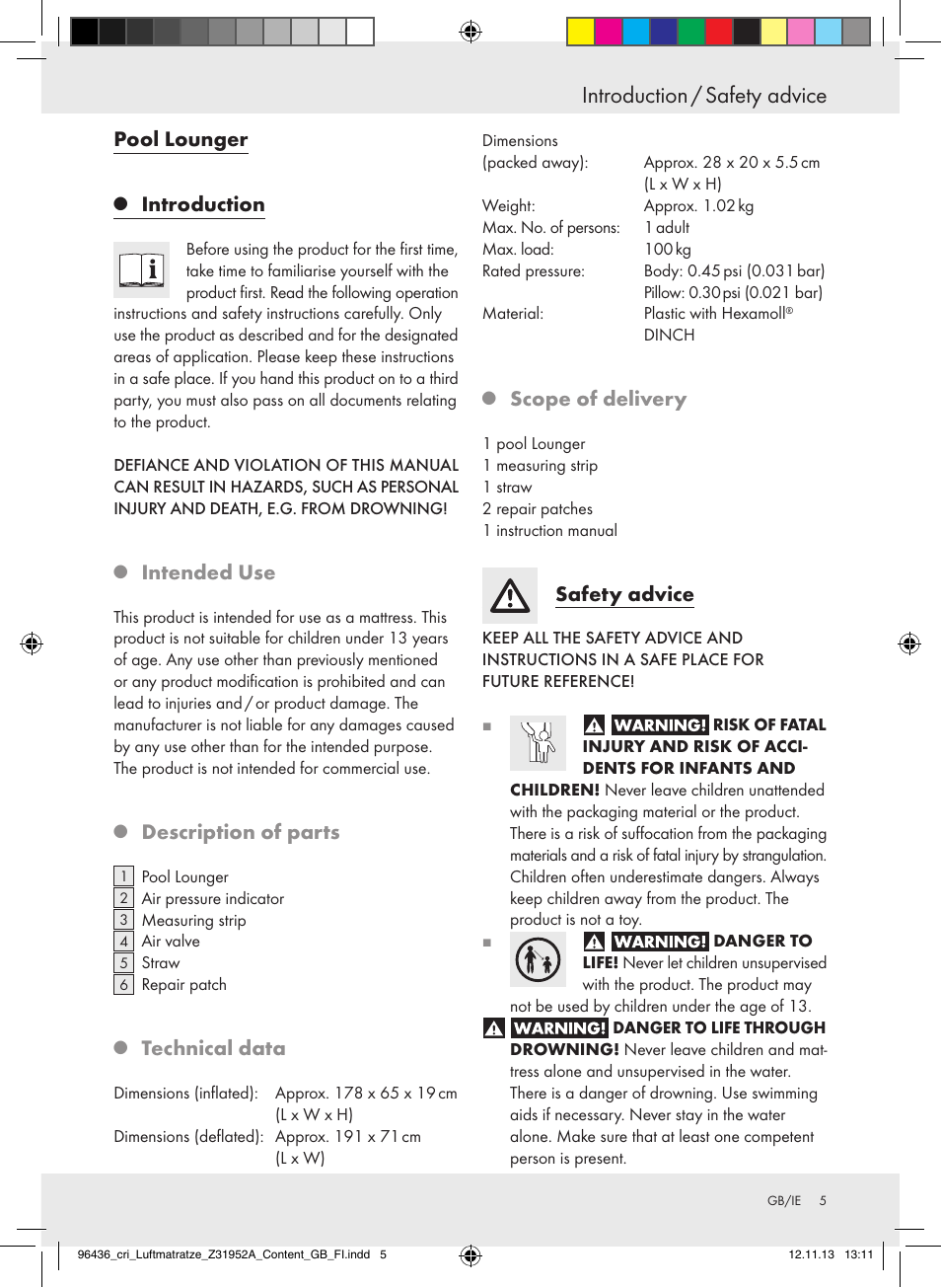 Introduction / safety advice, Pool lounger, Introduction | Intended use, Description of parts, Technical data, Scope of delivery, Safety advice | Crivit Z31952A User Manual | Page 5 / 46