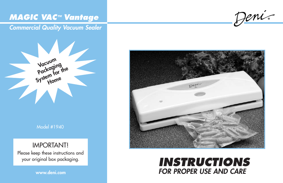 Deni Magic Vac Vantage Commercial Quality Vacuum Sealer 1940 User Manual | 16 pages