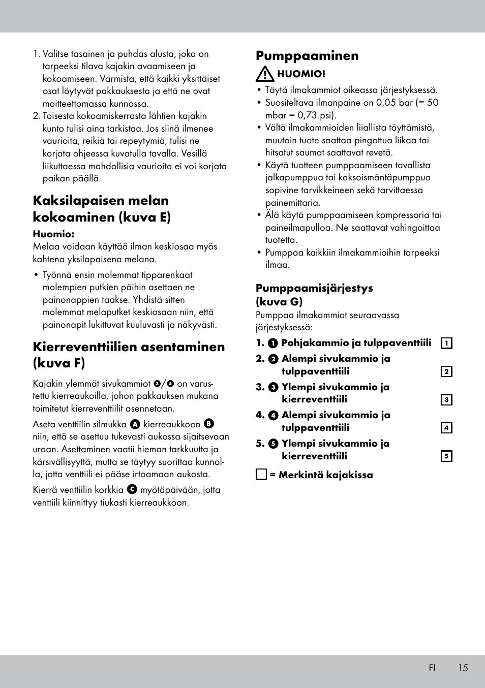 Kaksilapaisen melan kokoaminen (kuva e), Kierreventtiilien asentaminen (kuva f), Pumppaaminen | Crivit Inshore 335 lll User Manual | Page 13 / 54