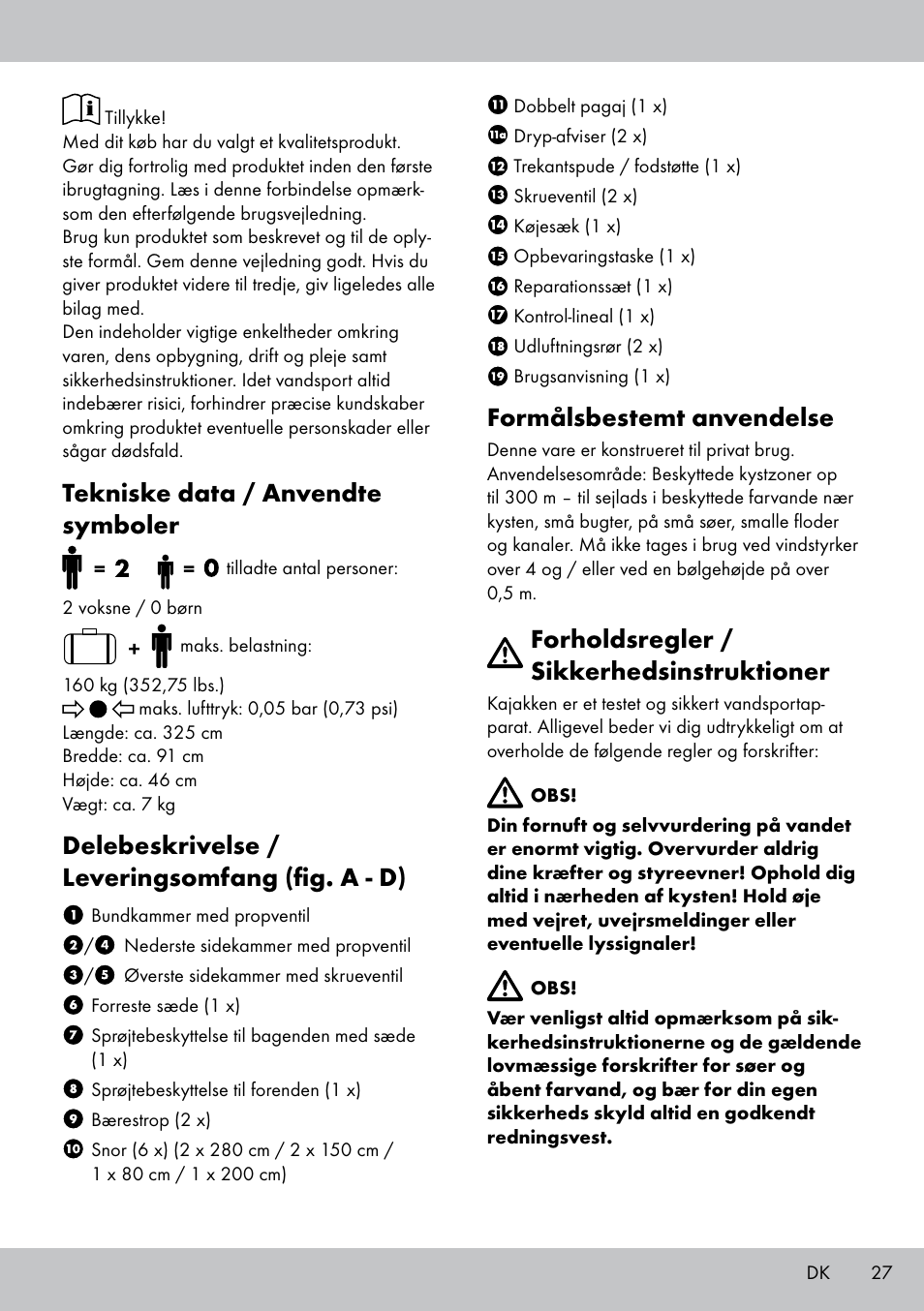Tekniske data / anvendte symboler, Delebeskrivelse / leveringsomfang (fig. a - d), Formålsbestemt anvendelse | Forholdsregler / sikkerhedsinstruktioner | Crivit Inshore 335 lll User Manual | Page 25 / 54