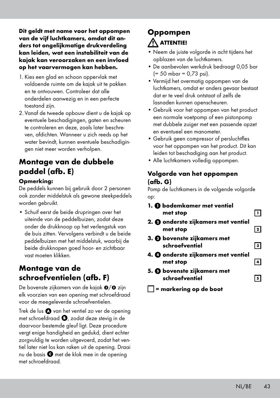 Montage van de dubbele paddel (afb. e), Montage van de schroefventielen (afb. f), Oppompen | Crivit Inshore 335 lll User Manual | Page 41 / 54