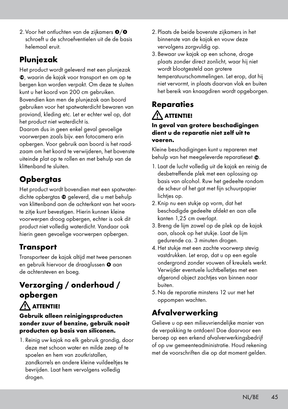 Plunjezak, Opbergtas, Transport | Verzorging / onderhoud / opbergen, Reparaties, Afvalverwerking | Crivit Inshore 335 lll User Manual | Page 43 / 54