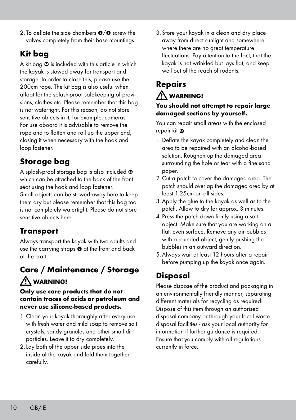 Kit bag, Storage bag, Transport | Care / maintenance / storage, Repairs, Disposal | Crivit Inshore 335 lll User Manual | Page 8 / 54