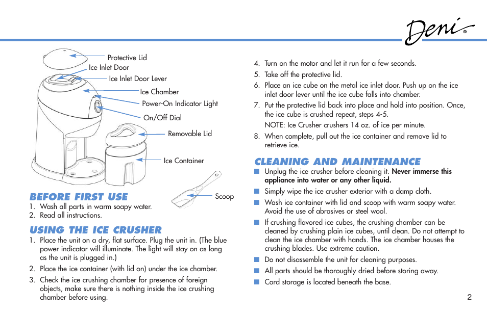 Before first use, Using the ice crusher, Cleaning and maintenance | Deni Ice Crusher 6100 User Manual | Page 3 / 4