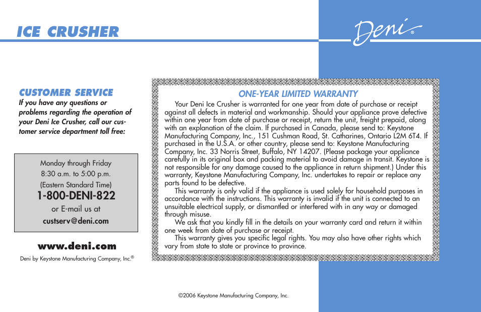 Ice crusher, Customer service | Deni Ice Crusher 6100 User Manual | Page 4 / 4