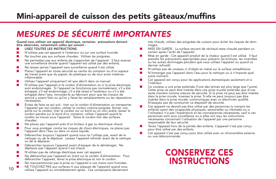 Conservez ces instructions, Mesures de sécurité importantes | Deni CUPCAKE/MUFFIN MAKER 4832 User Manual | Page 11 / 27