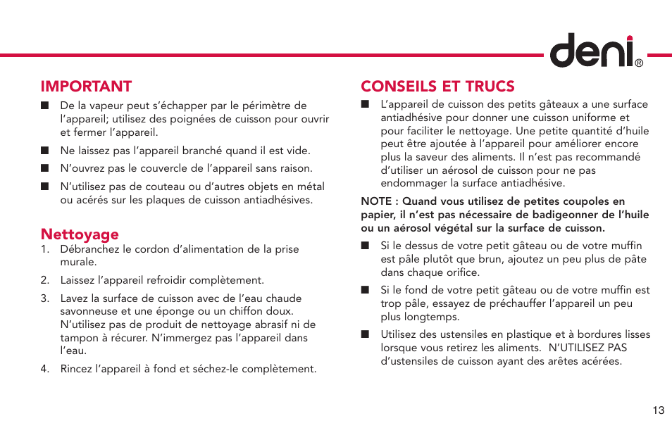 Important, Nettoyage, Conseils et trucs | Deni CUPCAKE/MUFFIN MAKER 4832 User Manual | Page 14 / 27