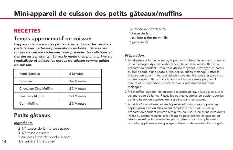 Recettes temps approximatif de cuisson, Petits gâteaux | Deni CUPCAKE/MUFFIN MAKER 4832 User Manual | Page 15 / 27