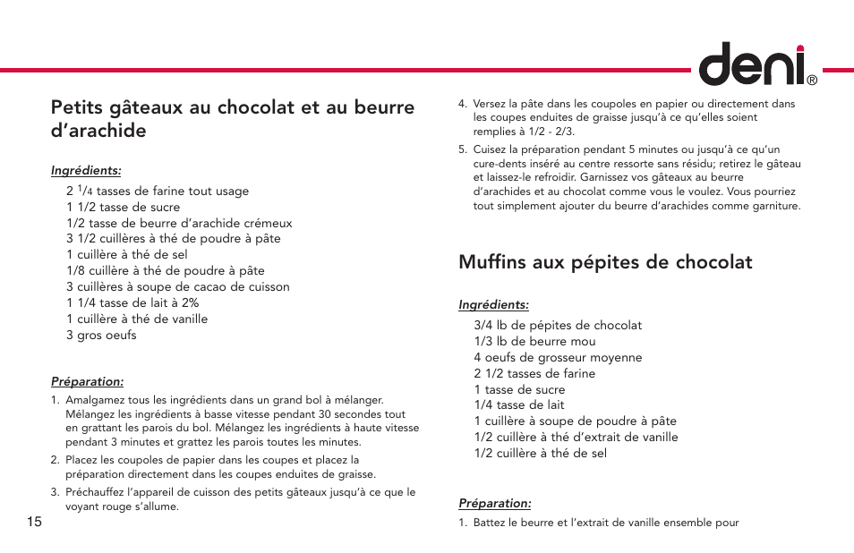 Petits gâteaux au chocolat et au beurre d’arachide, Muffins aux pépites de chocolat | Deni CUPCAKE/MUFFIN MAKER 4832 User Manual | Page 16 / 27