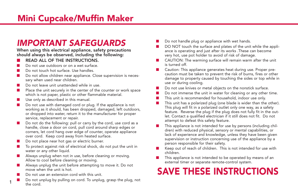 Save these instructions, Mini cupcake/muffin maker important safeguards | Deni CUPCAKE/MUFFIN MAKER 4832 User Manual | Page 2 / 27