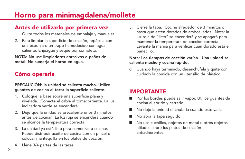 Horno para minimagdalena/mollete, Importante, Antes de utilizarlo por primera vez | Cómo operarla | Deni CUPCAKE/MUFFIN MAKER 4832 User Manual | Page 22 / 27