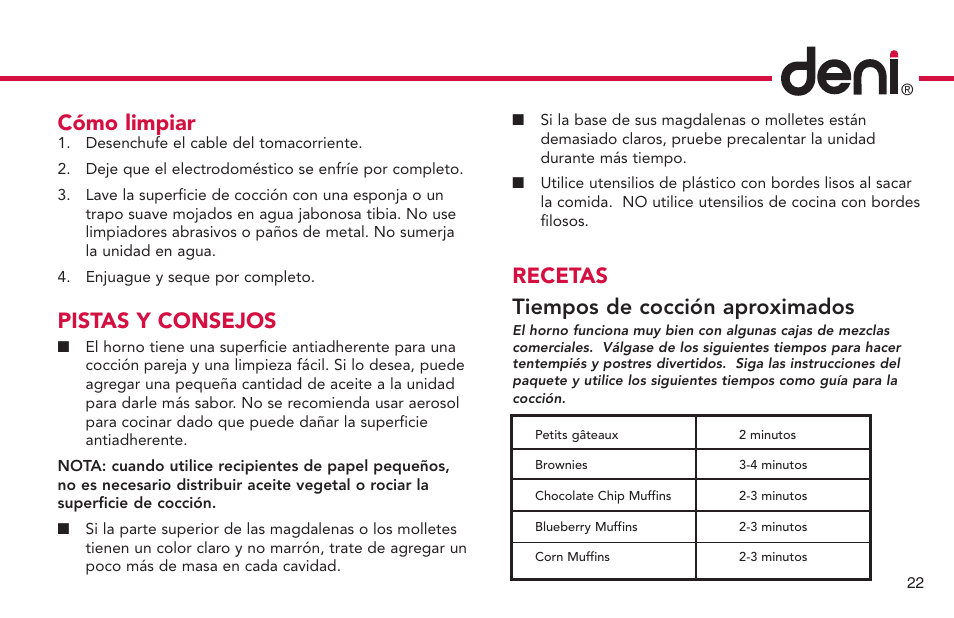 Cómo limpiar, Pistas y consejos, Recetas tiempos de cocción aproximados | Deni CUPCAKE/MUFFIN MAKER 4832 User Manual | Page 23 / 27