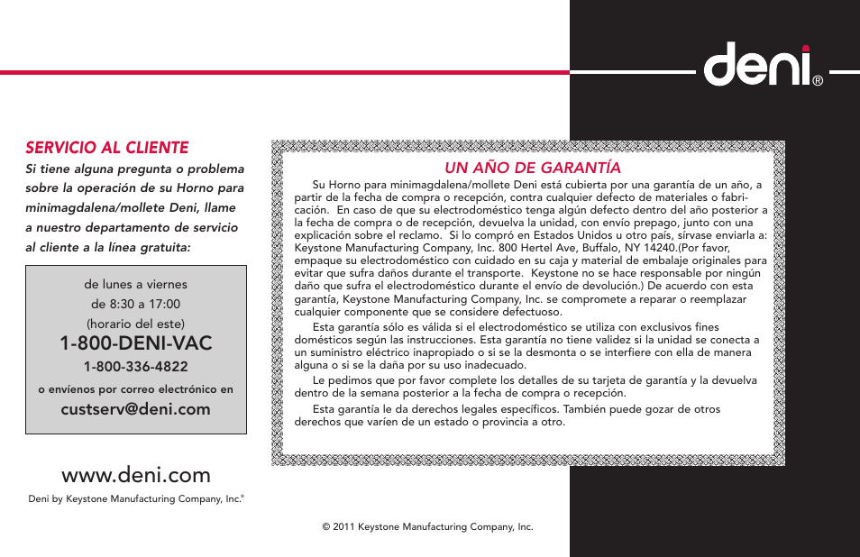 800-deni-vac, Servicio al cliente | Deni CUPCAKE/MUFFIN MAKER 4832 User Manual | Page 27 / 27