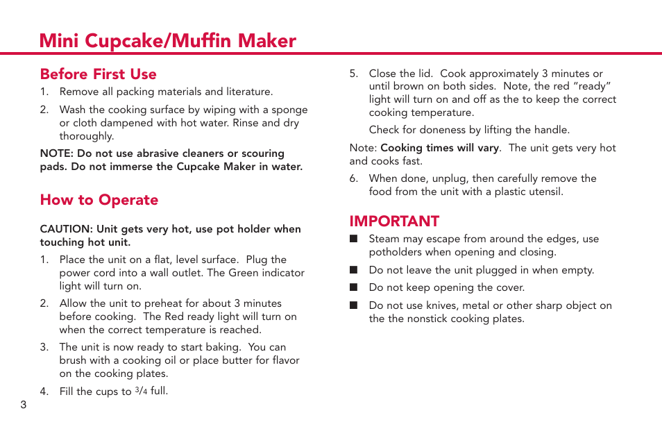 Mini cupcake/muffin maker, Important, Before first use | How to operate | Deni CUPCAKE/MUFFIN MAKER 4832 User Manual | Page 4 / 27