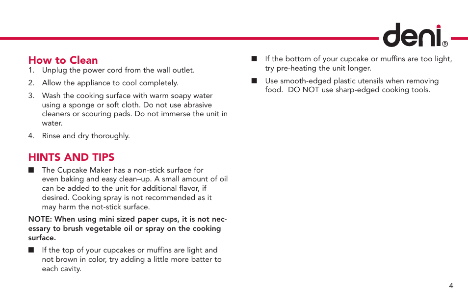 How to clean, Hints and tips | Deni CUPCAKE/MUFFIN MAKER 4832 User Manual | Page 5 / 27