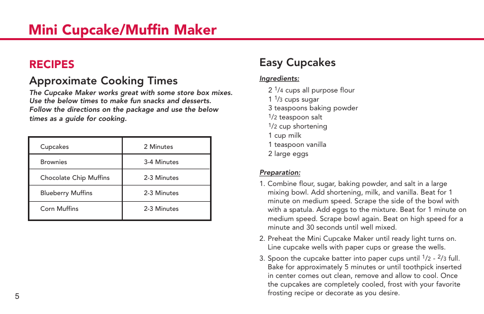 Mini cupcake/muffin maker, Recipes approximate cooking times, Easy cupcakes | Deni CUPCAKE/MUFFIN MAKER 4832 User Manual | Page 6 / 27