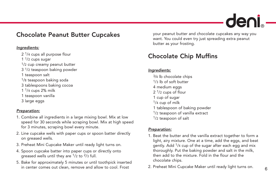 Chocolate peanut butter cupcakes, Chocolate chip muffins | Deni CUPCAKE/MUFFIN MAKER 4832 User Manual | Page 7 / 27