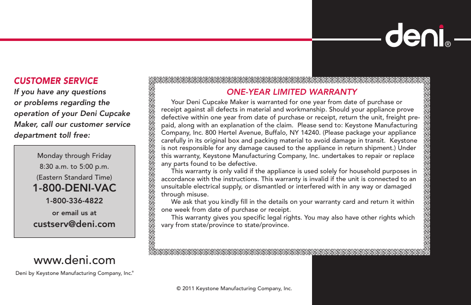 800-deni-vac, Customer service | Deni CUPCAKE/MUFFIN MAKER 4832 User Manual | Page 9 / 27