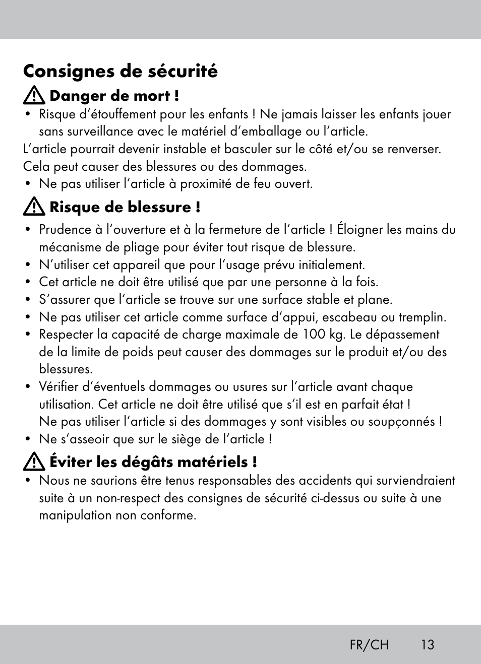 Consignes de sécurité | Crivit Beach Chair User Manual | Page 11 / 28