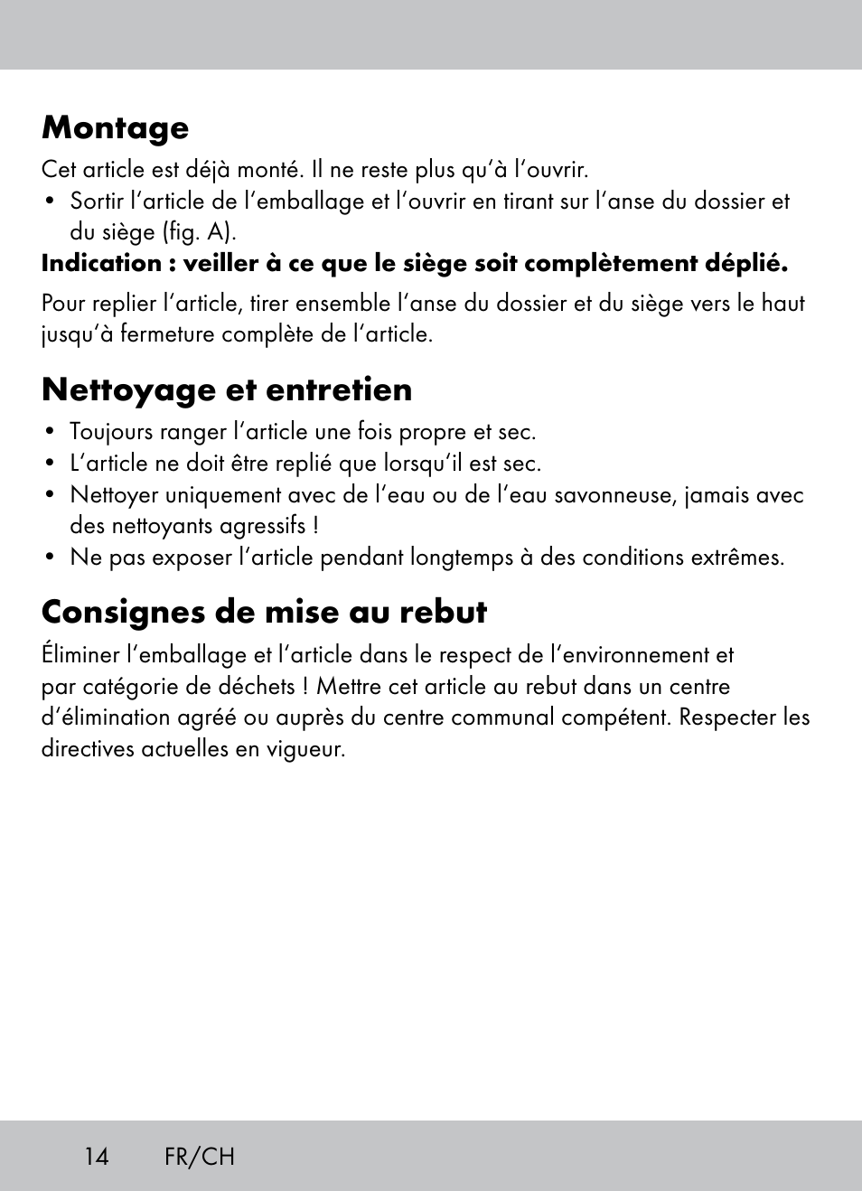 Montage, Nettoyage et entretien, Consignes de mise au rebut | Crivit Beach Chair User Manual | Page 12 / 28