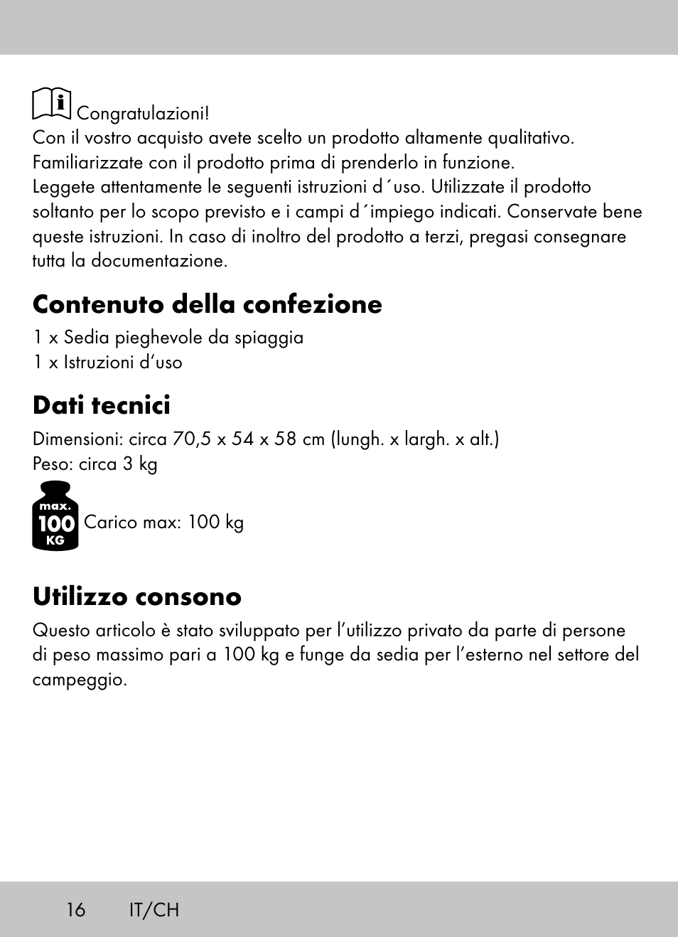 Contenuto della confezione, Dati tecnici, Utilizzo consono | Crivit Beach Chair User Manual | Page 14 / 28