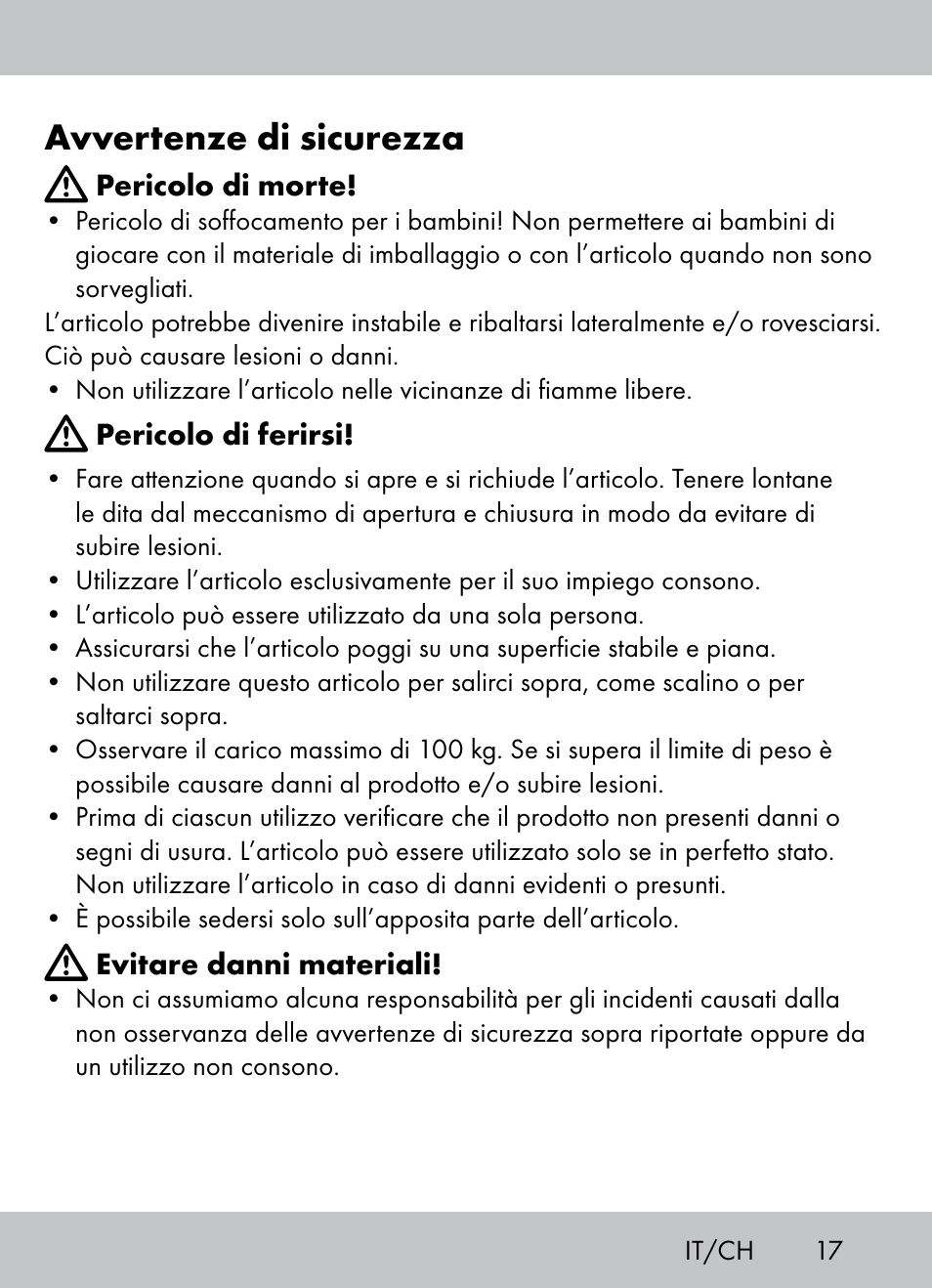 Avvertenze di sicurezza | Crivit Beach Chair User Manual | Page 15 / 28