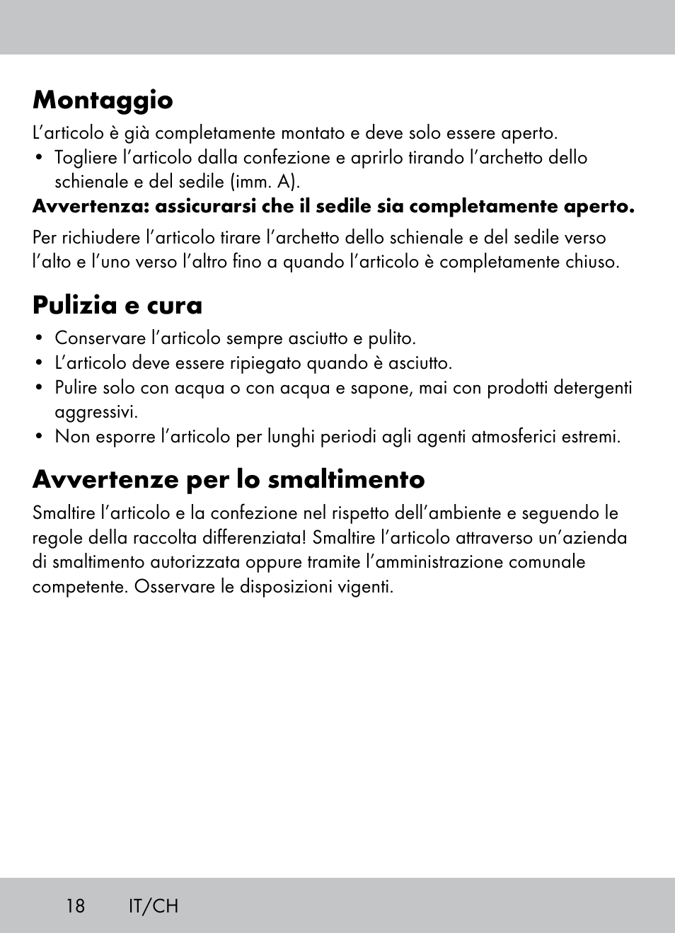 Montaggio, Pulizia e cura, Avvertenze per lo smaltimento | Crivit Beach Chair User Manual | Page 16 / 28