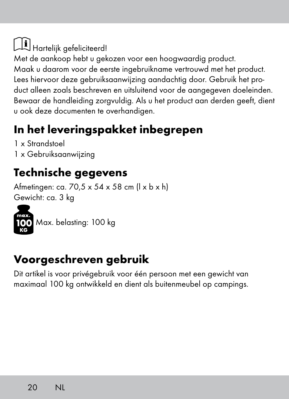 Technische gegevens, Voorgeschreven gebruik | Crivit Beach Chair User Manual | Page 18 / 28