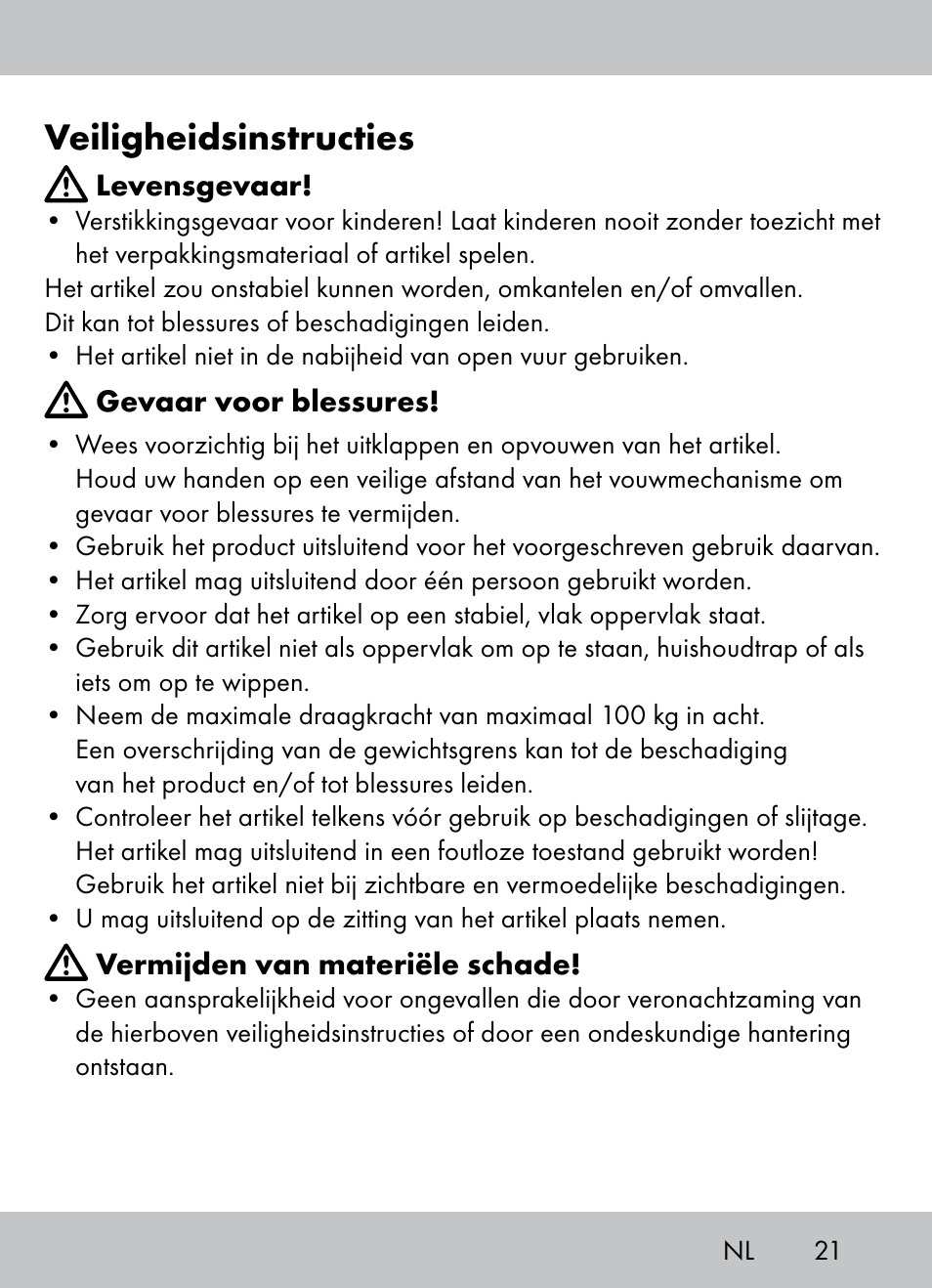 Veiligheidsinstructies | Crivit Beach Chair User Manual | Page 19 / 28