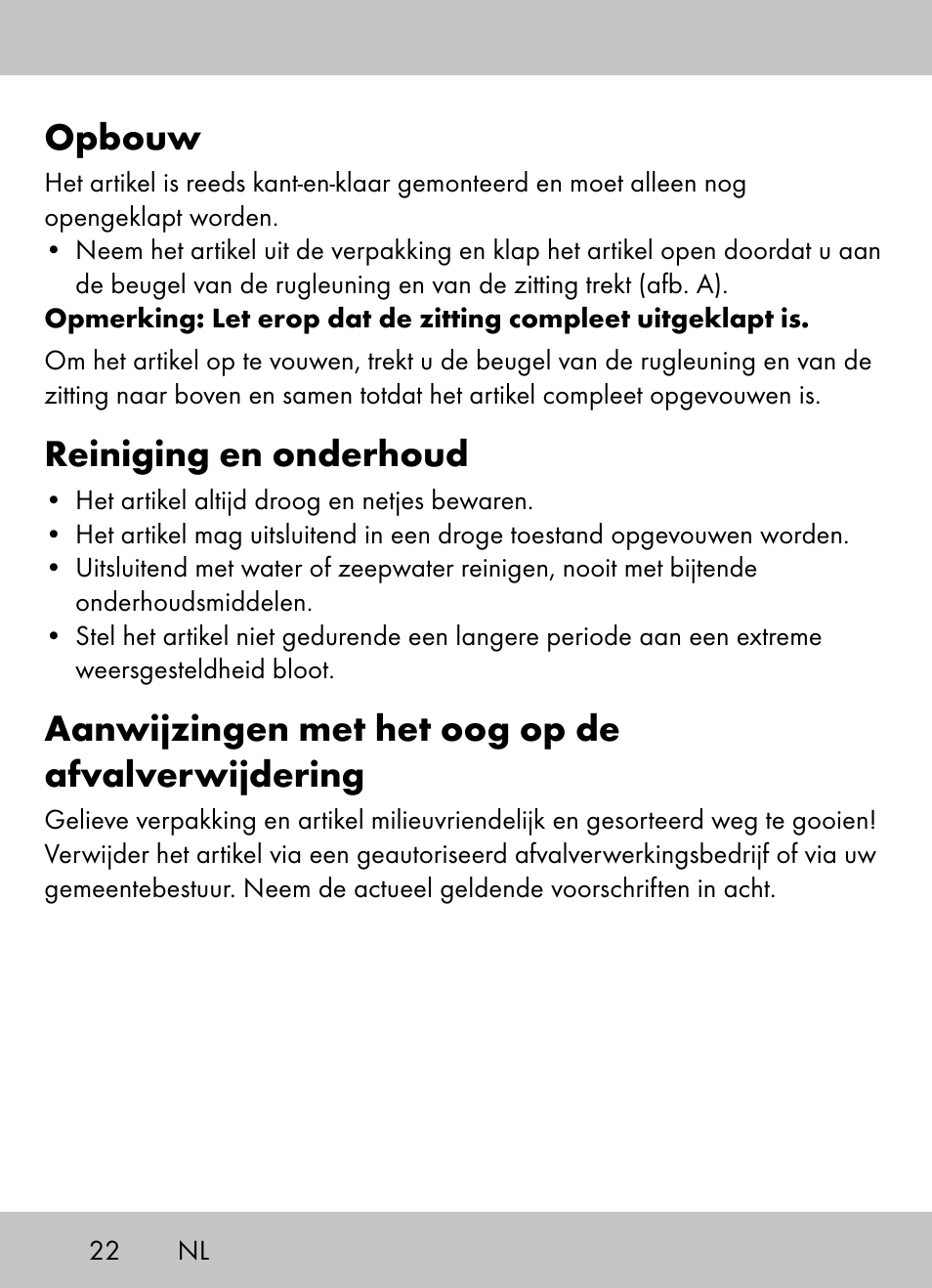 Opbouw, Reiniging en onderhoud, Aanwijzingen met het oog op de afvalverwijdering | Crivit Beach Chair User Manual | Page 20 / 28