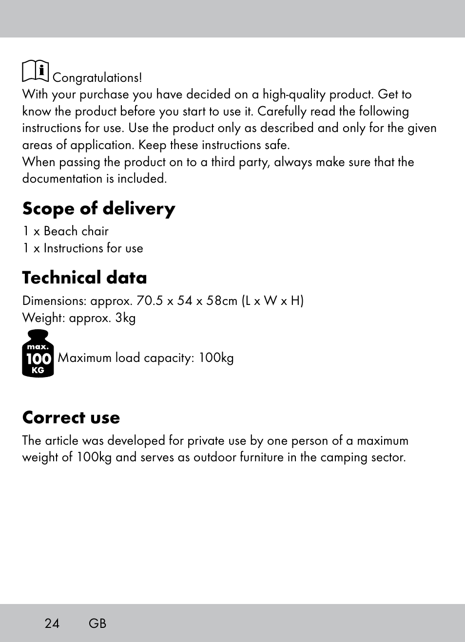 Scope of delivery, Technical data, Correct use | Crivit Beach Chair User Manual | Page 22 / 28