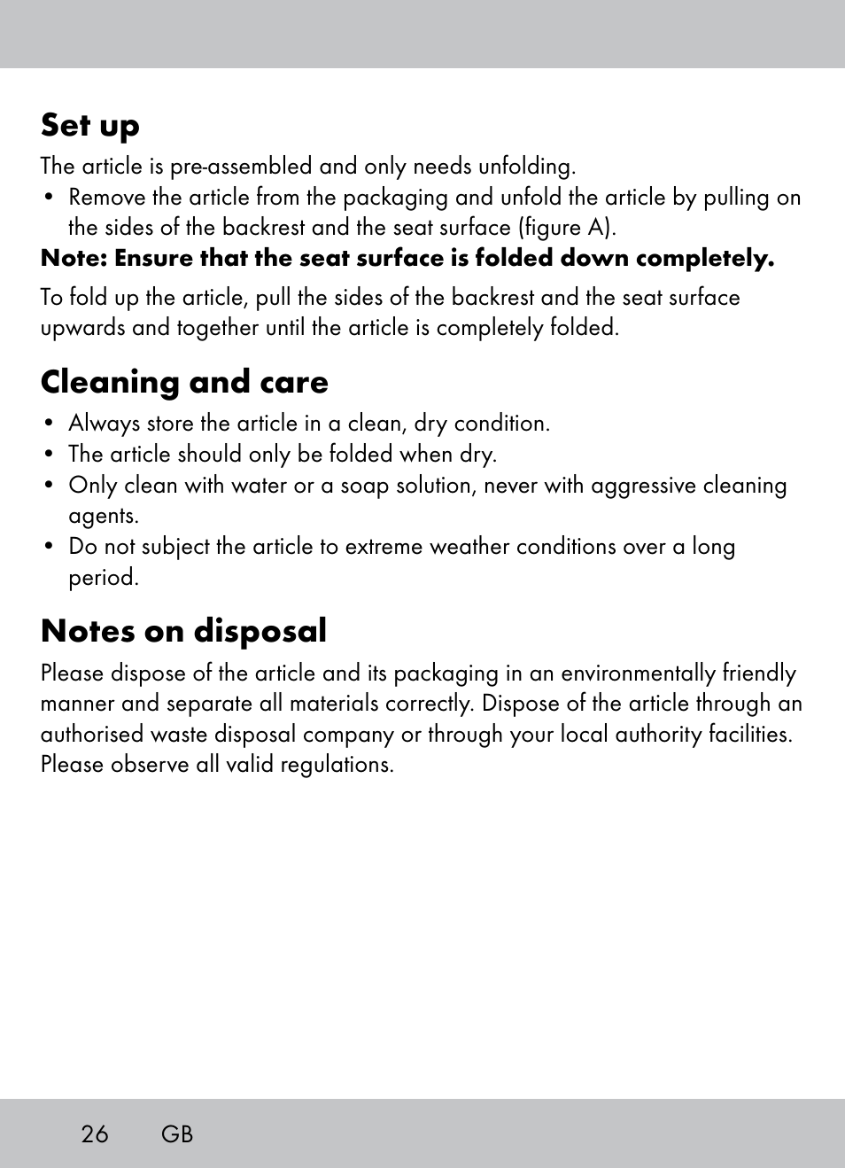 Set up, Cleaning and care | Crivit Beach Chair User Manual | Page 24 / 28