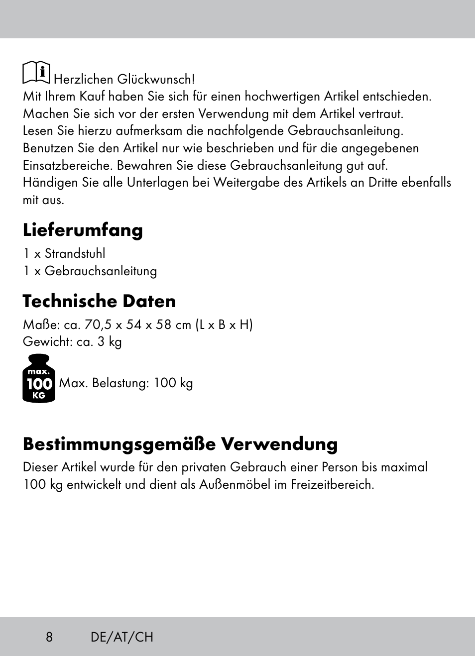 Lieferumfang, Technische daten, Bestimmungsgemäße verwendung | Crivit Beach Chair User Manual | Page 6 / 28