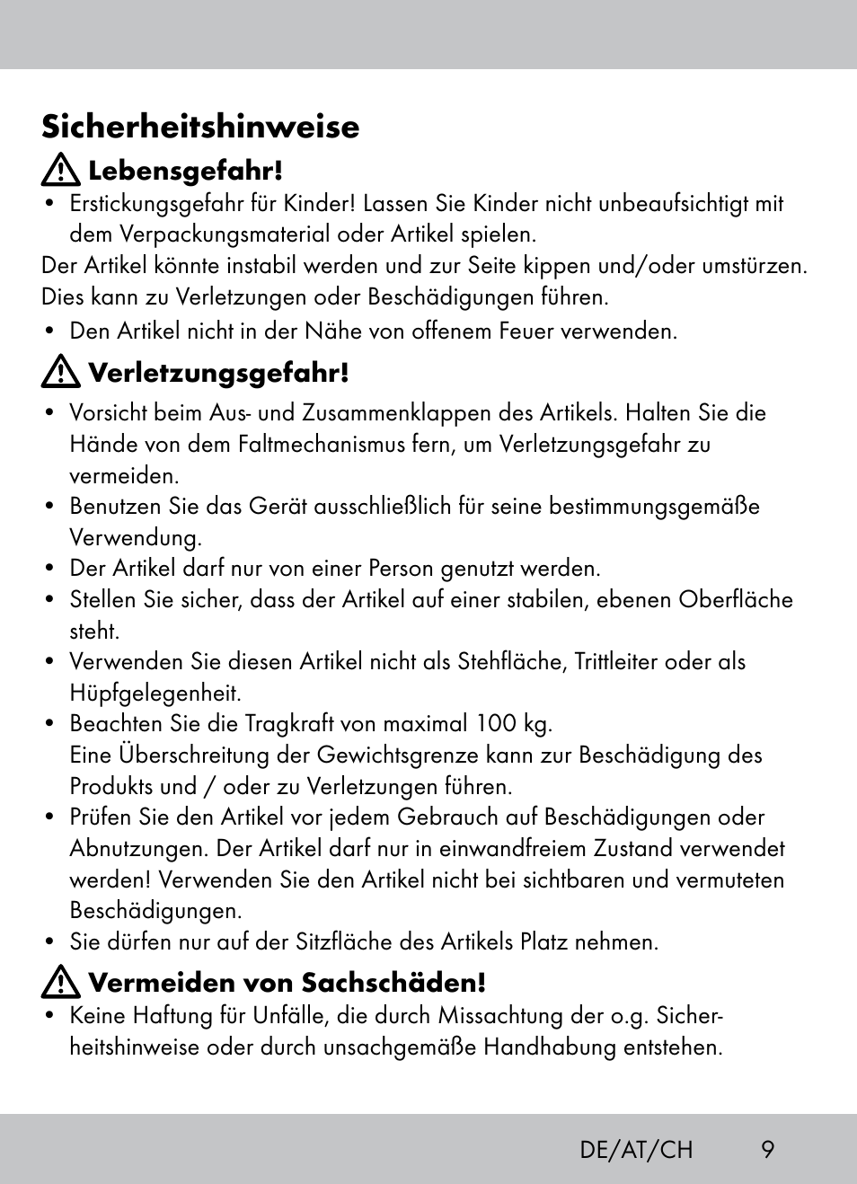 Sicherheitshinweise | Crivit Beach Chair User Manual | Page 7 / 28