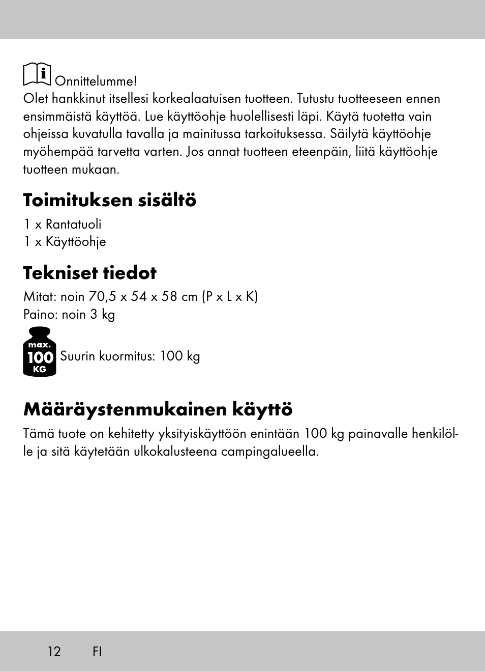 Toimituksen sisältö, Tekniset tiedot, Määräystenmukainen käyttö | Crivit Beach Chair User Manual | Page 10 / 36