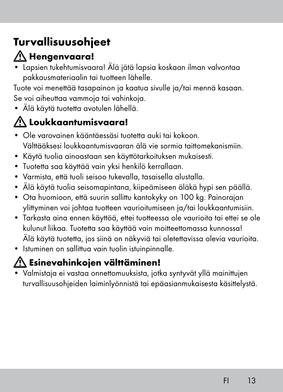 Turvallisuusohjeet | Crivit Beach Chair User Manual | Page 11 / 36