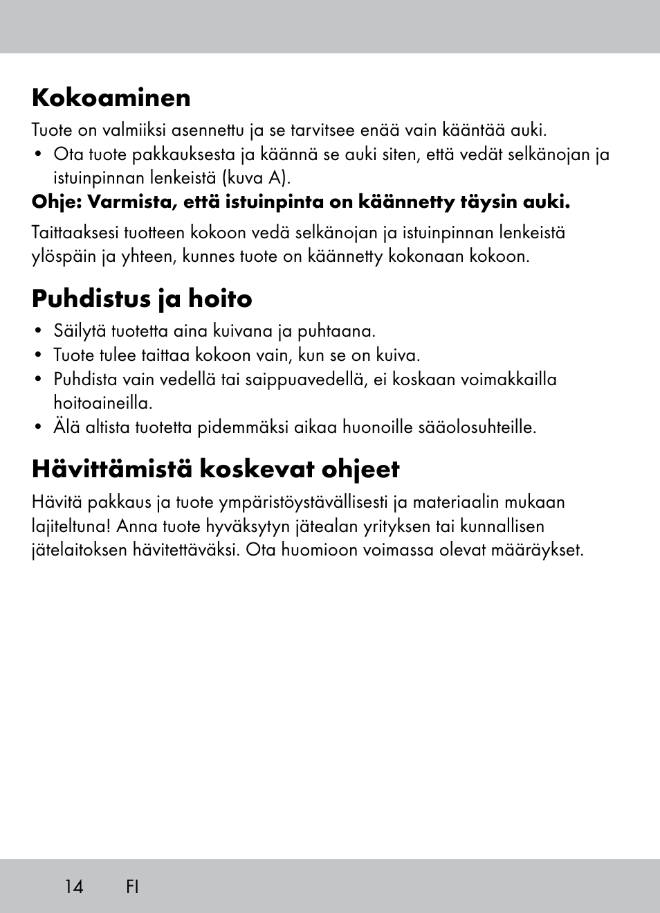 Kokoaminen, Puhdistus ja hoito, Hävittämistä koskevat ohjeet | Crivit Beach Chair User Manual | Page 12 / 36