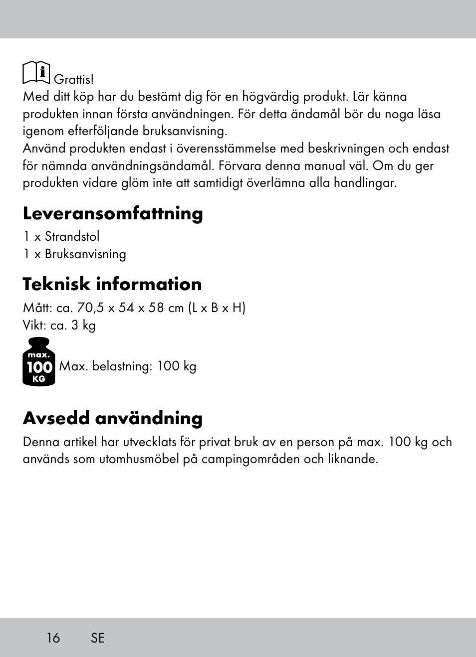 Leveransomfattning, Teknisk information, Avsedd användning | Crivit Beach Chair User Manual | Page 14 / 36