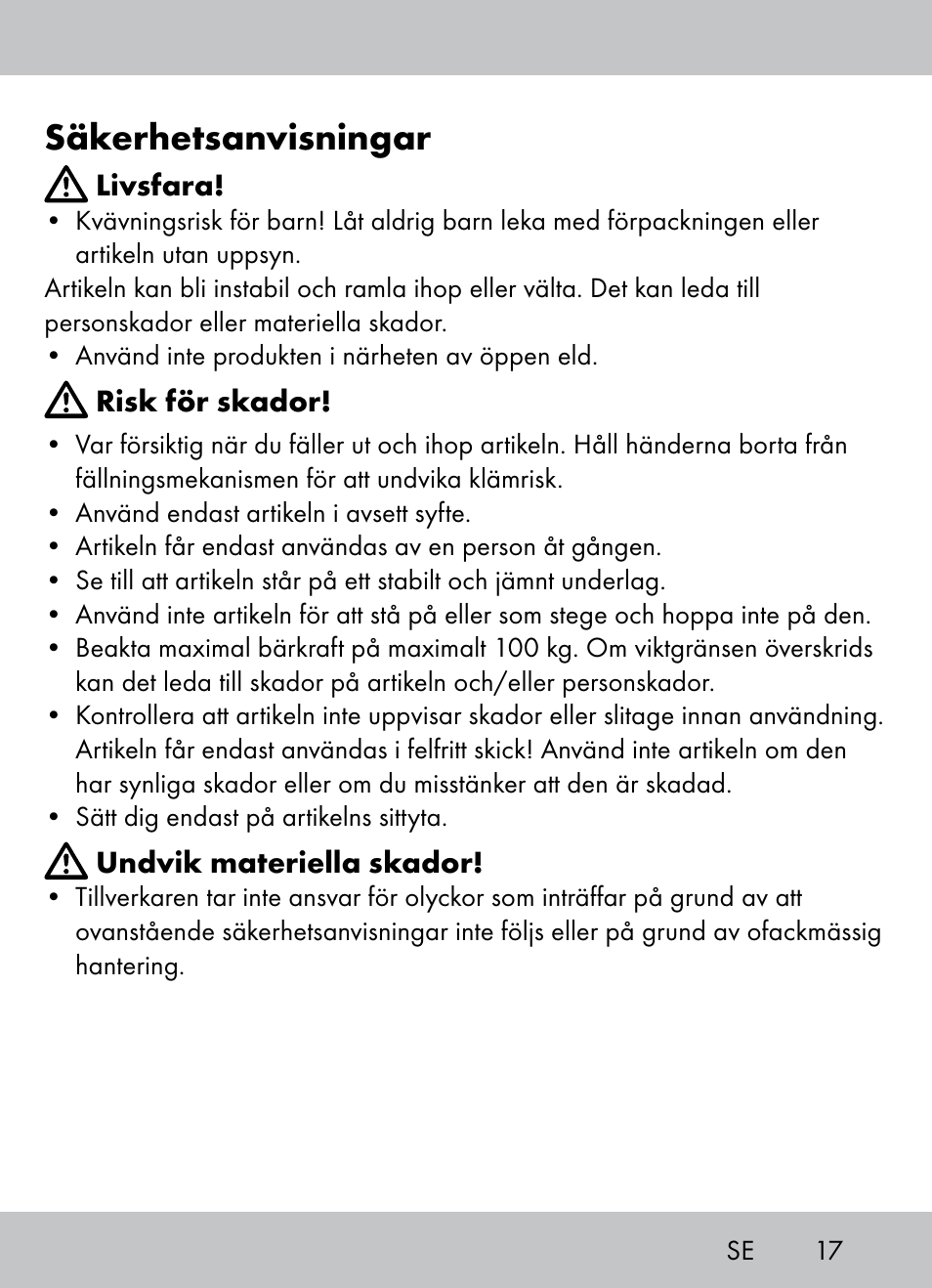 Säkerhetsanvisningar | Crivit Beach Chair User Manual | Page 15 / 36